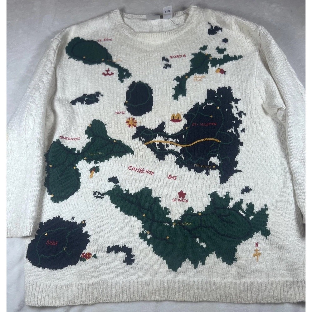 Vintage Russ Sweater Womens‎ 3X Multicolor Caribbean Map Nautical Knit Pullover